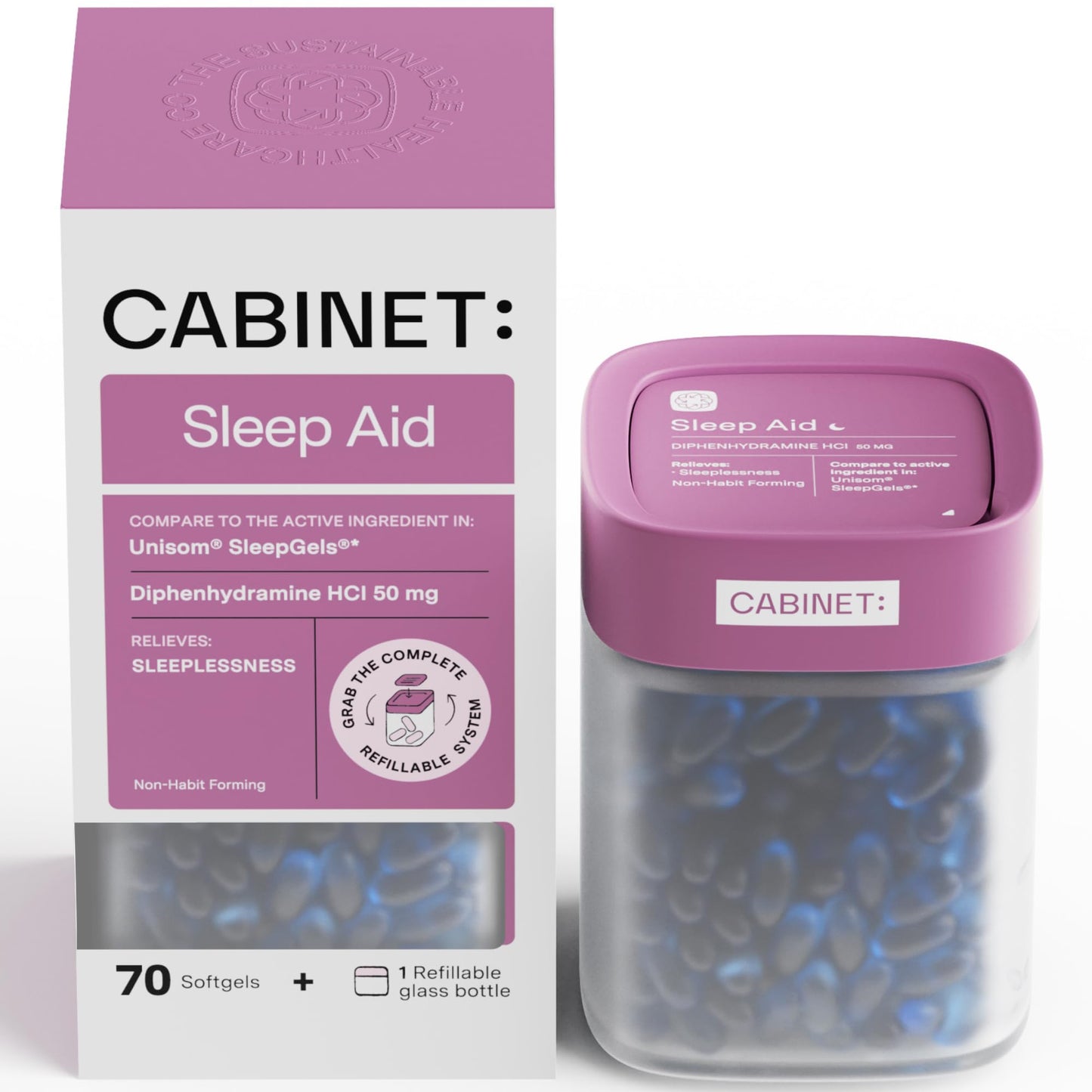 Nighttime Sleep Aid (70 Softgels w/Glass Jar) Diphenhydramine HCI 50mg (Starter Kit)