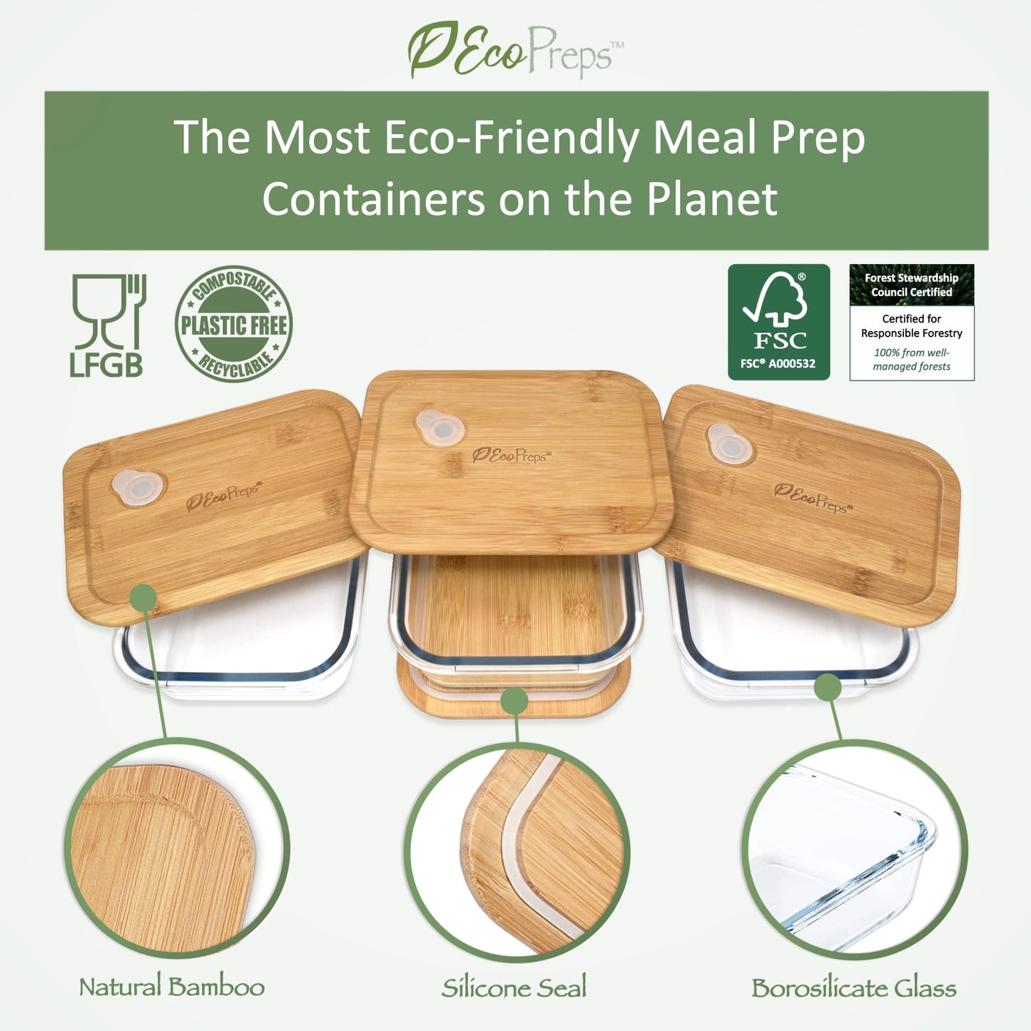 Glass Meal Prep Containers with Bamboo Lids [3 Pack] 100% Plastic Free | EcoPreps