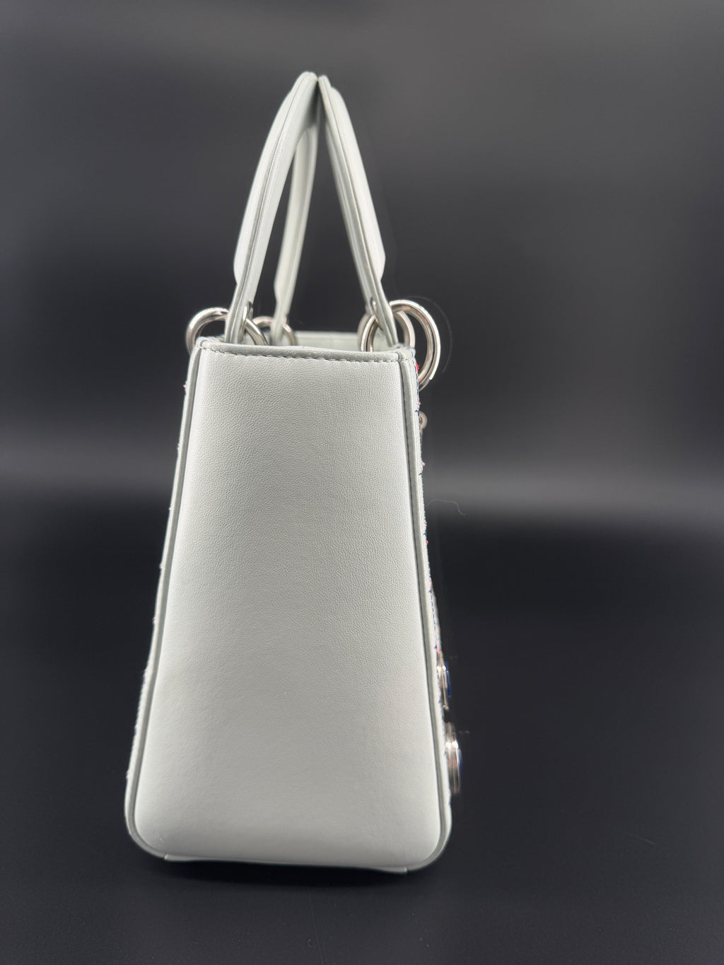 Pre-Owned | 2015 Christian Dior Medium Lady Dior Embroidered Flower Bag. Pale Blue-Gray