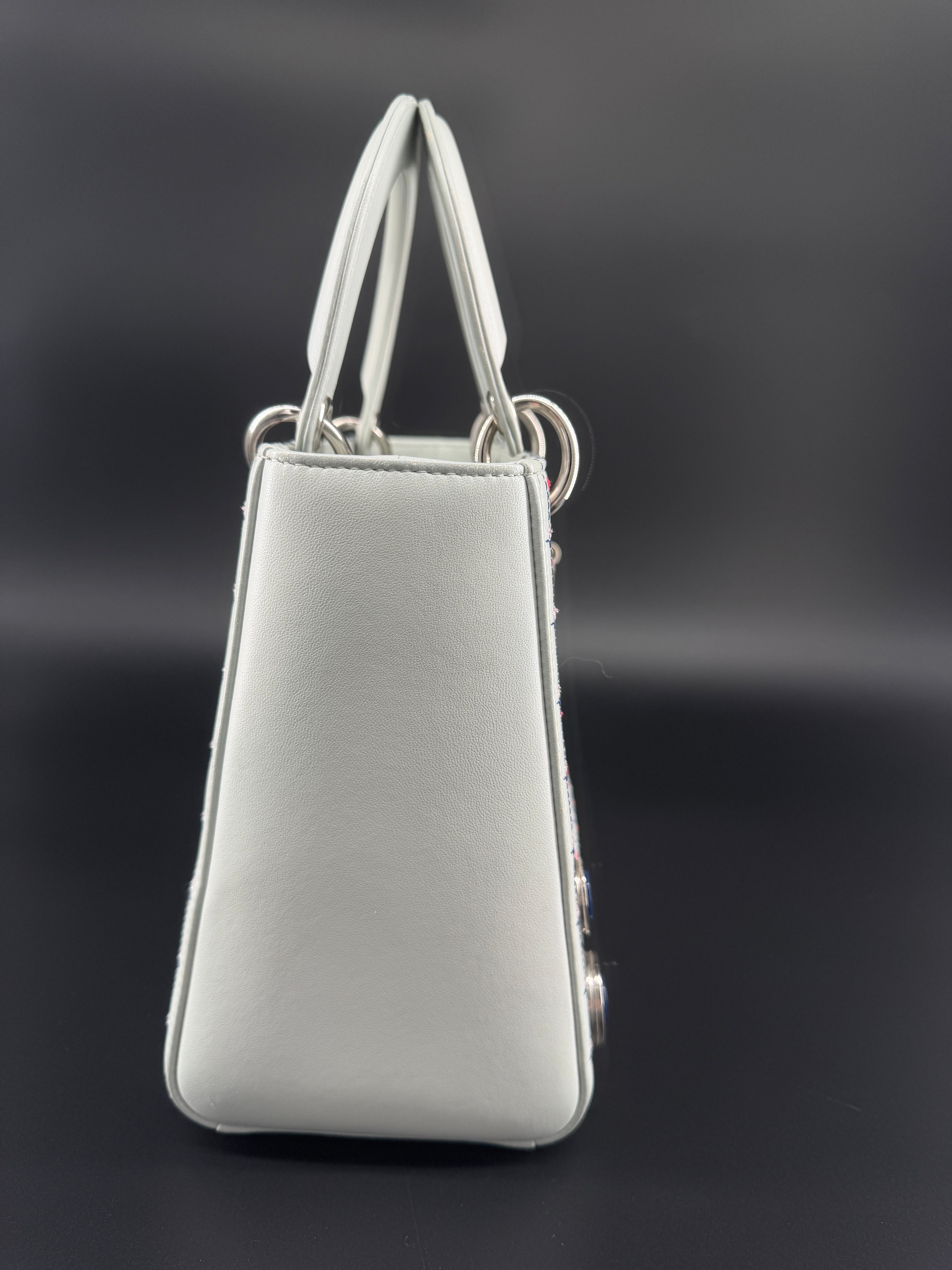 Pre-Owned | 2015 Christian Dior Medium Lady Dior Embroidered Flower Bag. Pale Blue-Gray