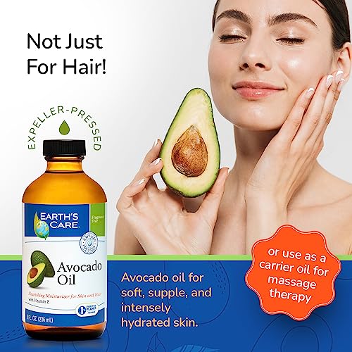 Avocado Oil for Hair and Skin with Vitamin E, Glass Bottle, 8 FL. OZ | Earth’s Care