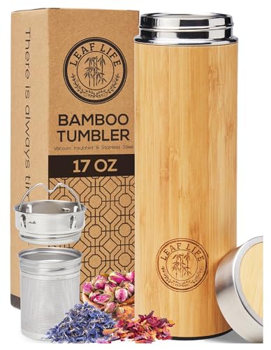 LeafLife Premium Bamboo Tea Bottle for Loose Tea - Tea Infuser Bottle - Tea Gifts - Insulated Water Bottle/Coffee Tumbler/Tea Thermos - Tea Gift Set, Tea Accessories - Tea Tumbler 17oz