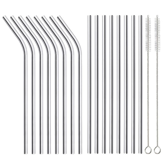 16 Pack of Reusable Stainless Steel Metal Straws, 8 Straight + 8 Bent 8.5 inch Environmentally Friendly Metal Straws Straw