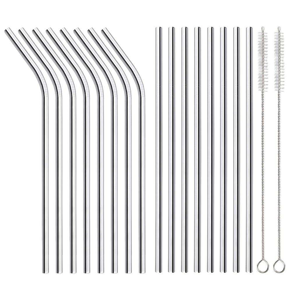 16 Pack of Reusable Stainless Steel Metal Straws, 8 Straight + 8 Bent 8.5 inch Environmentally Friendly Metal Straws Straw