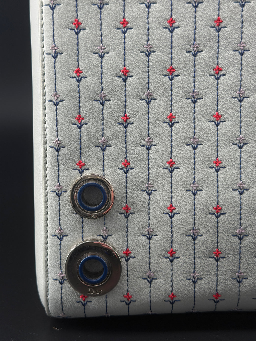 Pre-Owned | 2015 Christian Dior Medium Lady Dior Embroidered Flower Bag. Pale Blue-Gray