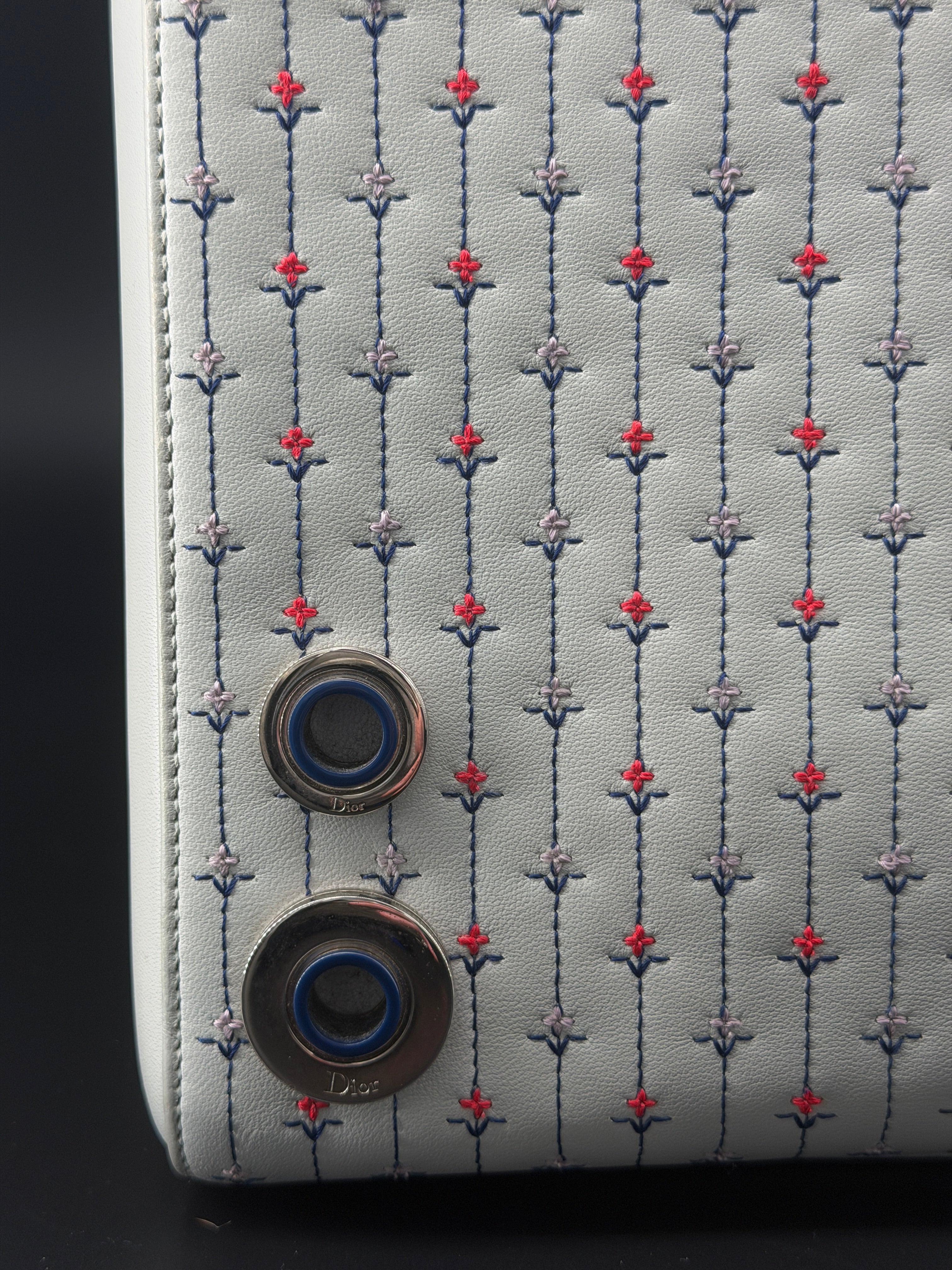 Pre-Owned | 2015 Christian Dior Medium Lady Dior Embroidered Flower Bag. Pale Blue-Gray