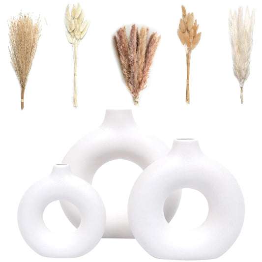 Set of 3 White Ceramic Vase with 65 PCS Dried Pampas Grass Flowers