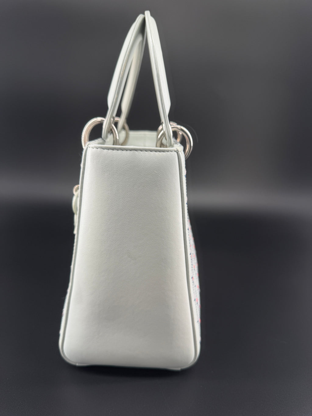 Pre-Owned | 2015 Christian Dior Medium Lady Dior Embroidered Flower Bag. Pale Blue-Gray