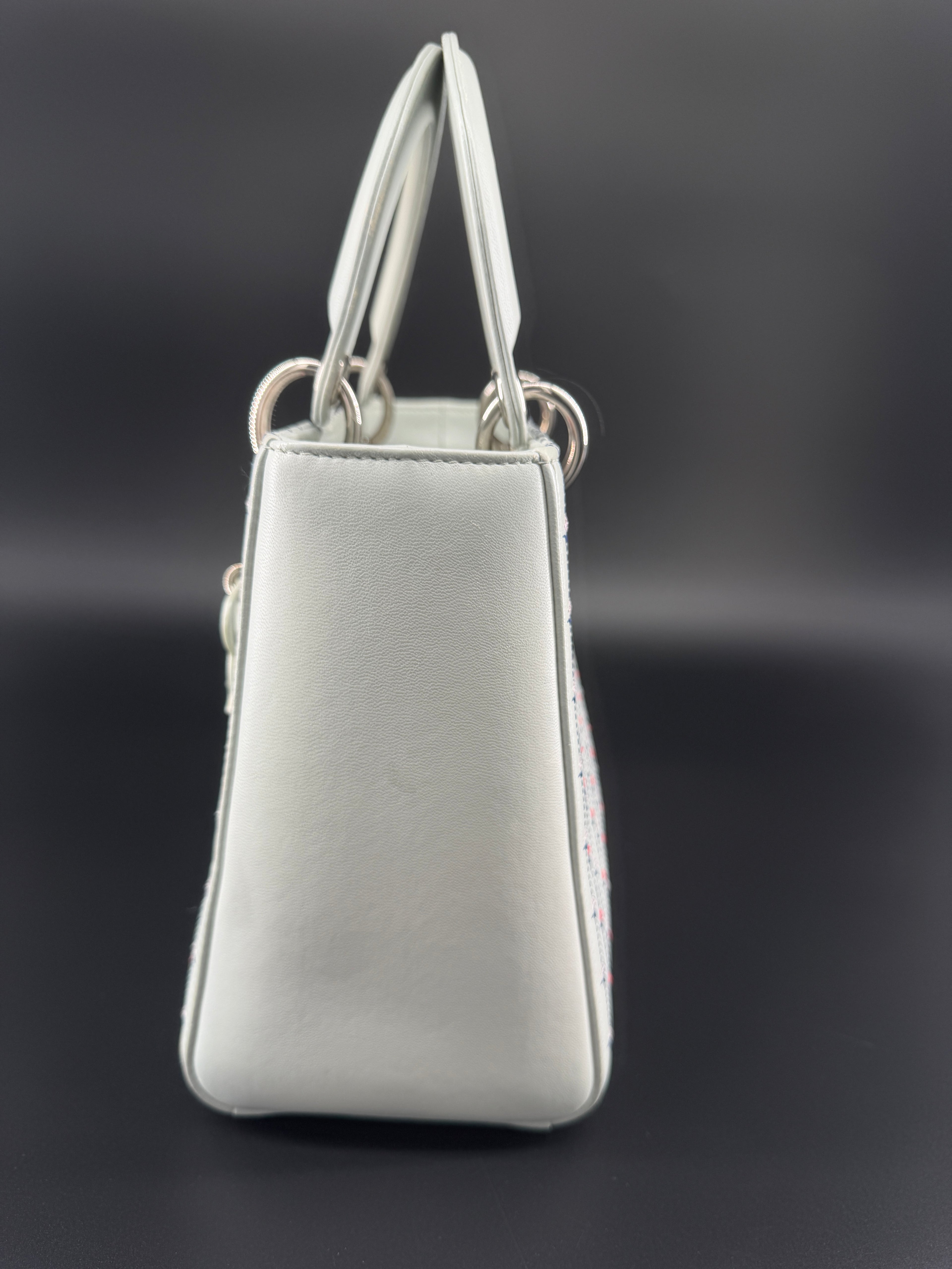 Pre-Owned | 2015 Christian Dior Medium Lady Dior Embroidered Flower Bag. Pale Blue-Gray