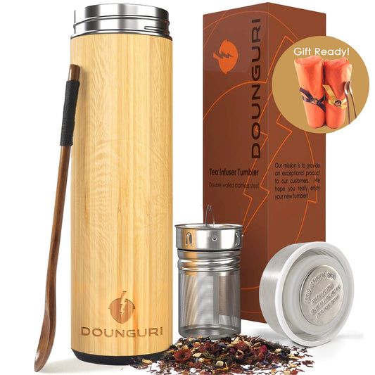 Bamboo Tumbler Mug with Strainer Infuser - 18 oz Vacuum Insulated Stainless Steel Thermos with Filter for Loose Leaf/Coffee Travel Tumbler/Hot and Cold Water/Leak Proof/Gift Ready