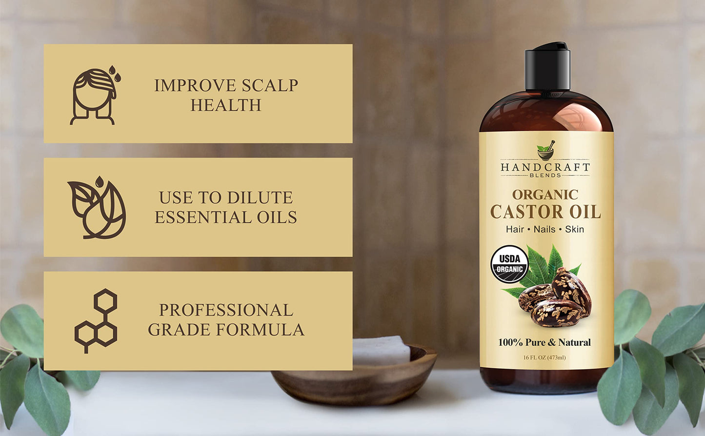 Handcraft Blends Organic Castor Oil in Plastic Bottle - 16 Fl Oz - 100% Pure and Natural - Premium Grade Oil for Hair Growth, Eyelashes and Eyebrows - Carrier Oil - Hair & Body Oil - Expeller-Pressed