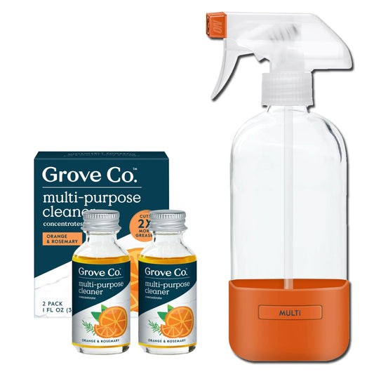 Grove Co. Multi-Purpose Cleaner, Refill Concentrate (2 x 1 Oz) + Glass Spray Bottle (16 Oz), Plant-based Household Cleaning Supplies Bundle, No Plastic Waste, 100% Natural Orange & Rosemary Scent