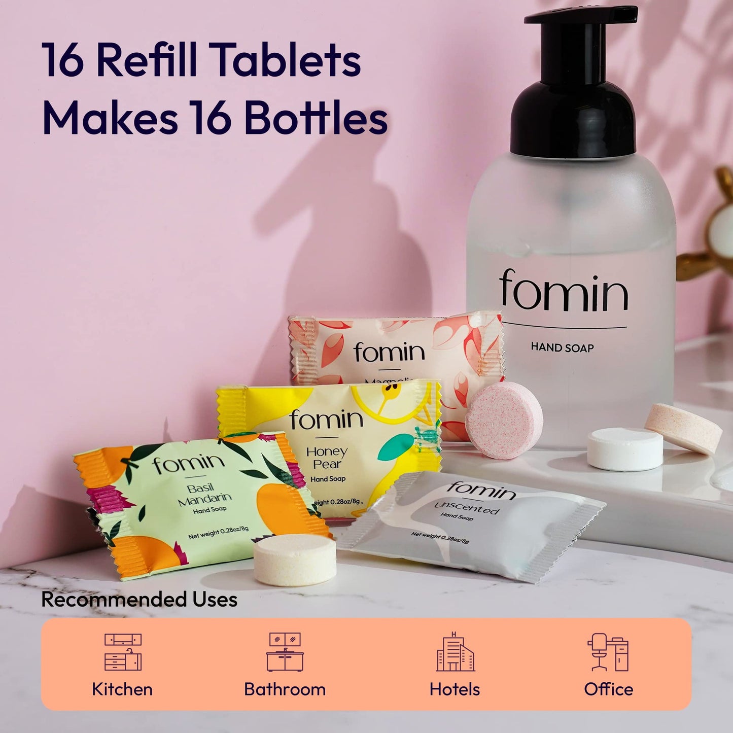 FOMIN Foaming Hand Soap Tablets (16 Count) - Makes 128 fl oz (16 x 8 fl oz) - Variety Pack Foaming Hand Soap Refills, Sustainable Soap Tablets for Hands