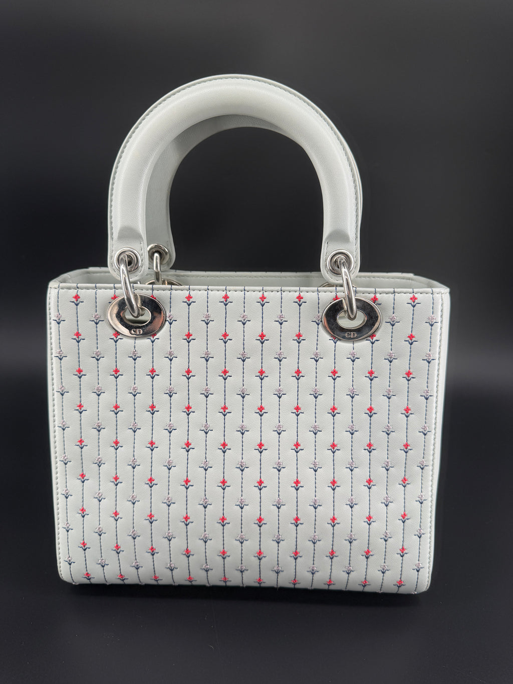 Pre-Owned | 2015 Christian Dior Medium Lady Dior Embroidered Flower Bag. Pale Blue-Gray