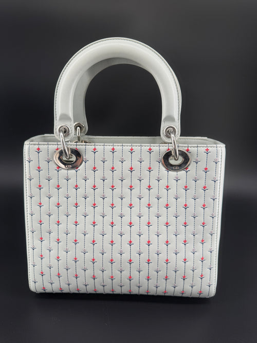 Pre-Owned | 2015 Christian Dior Medium Lady Dior Embroidered Flower Bag. Pale Blue-Gray
