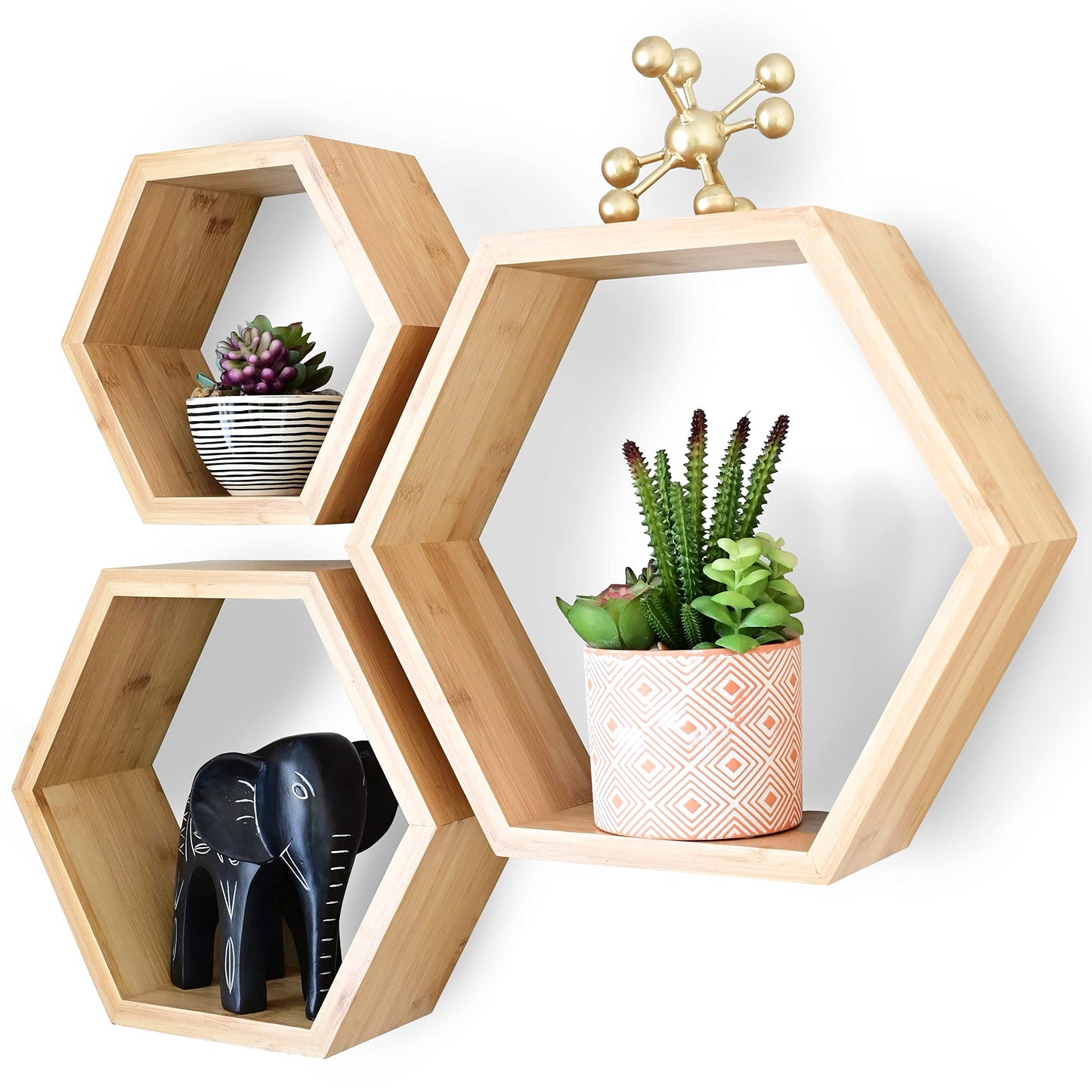 Bamboo Hexagon Floating Shelves For Wall Decor Set Of 3 | Sustainable Home Decor