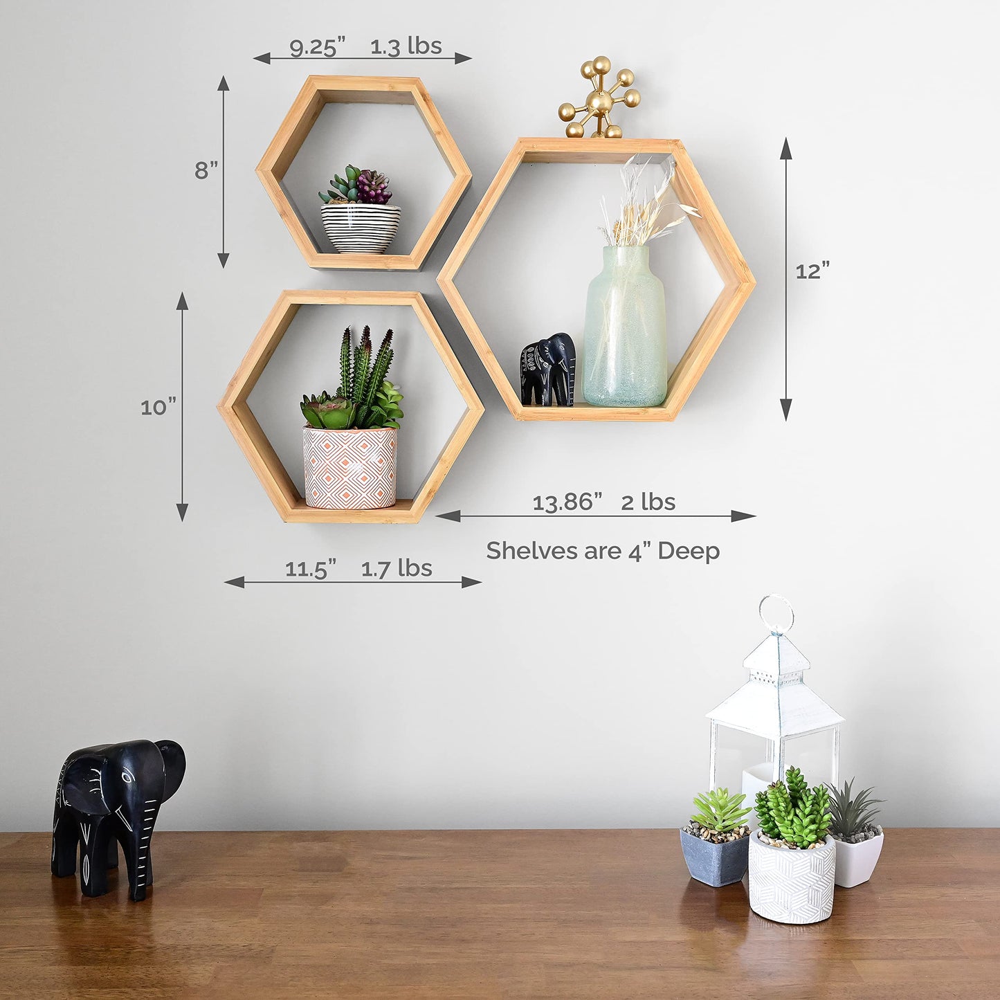 Bamboo Hexagon Floating Shelves For Wall Decor Set Of 3 | Sustainable Home Decor