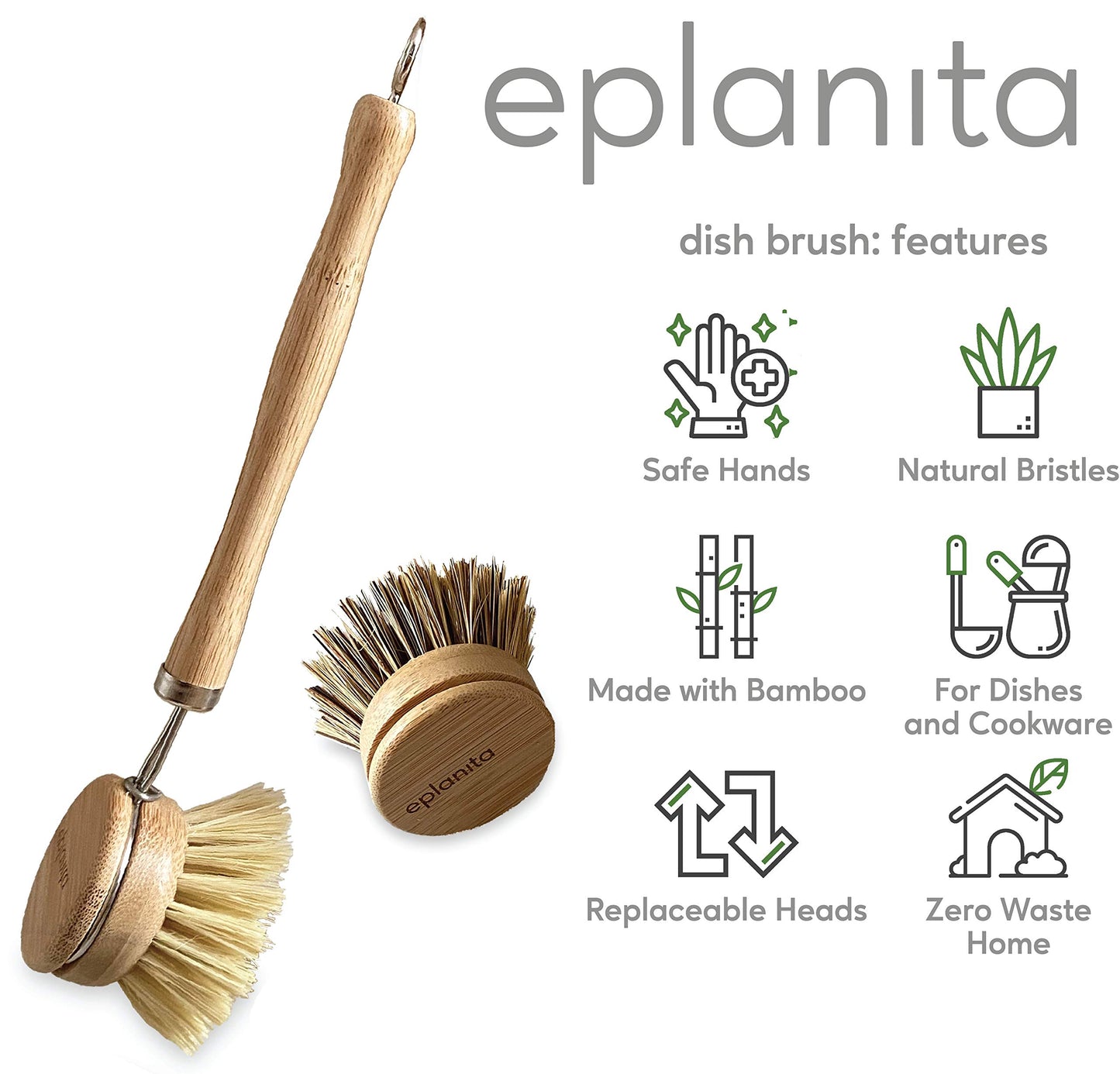 Natural Dish Brush, 3 Replacement Heads