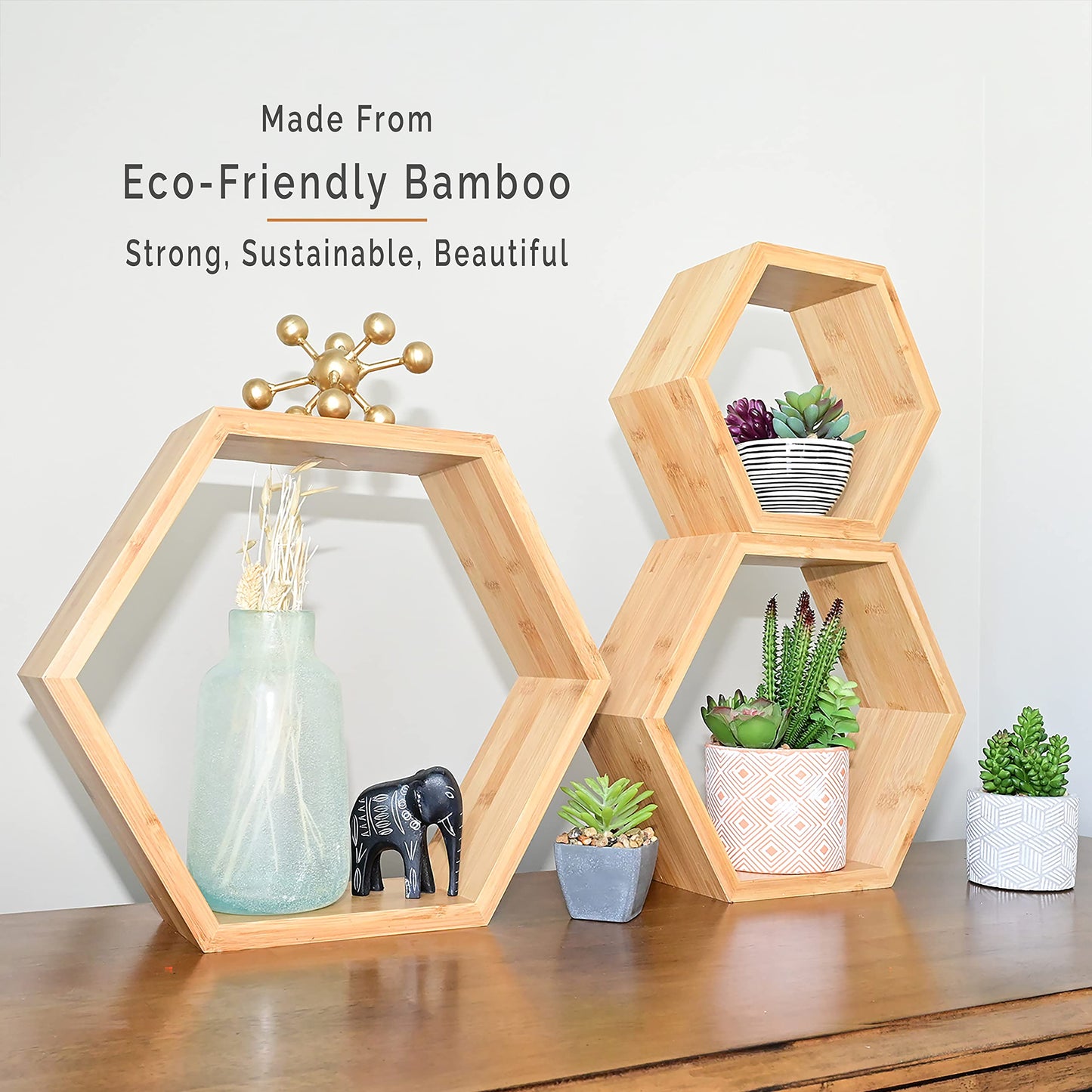 Bamboo Hexagon Floating Shelves For Wall Decor Set Of 3 | Sustainable Home Decor