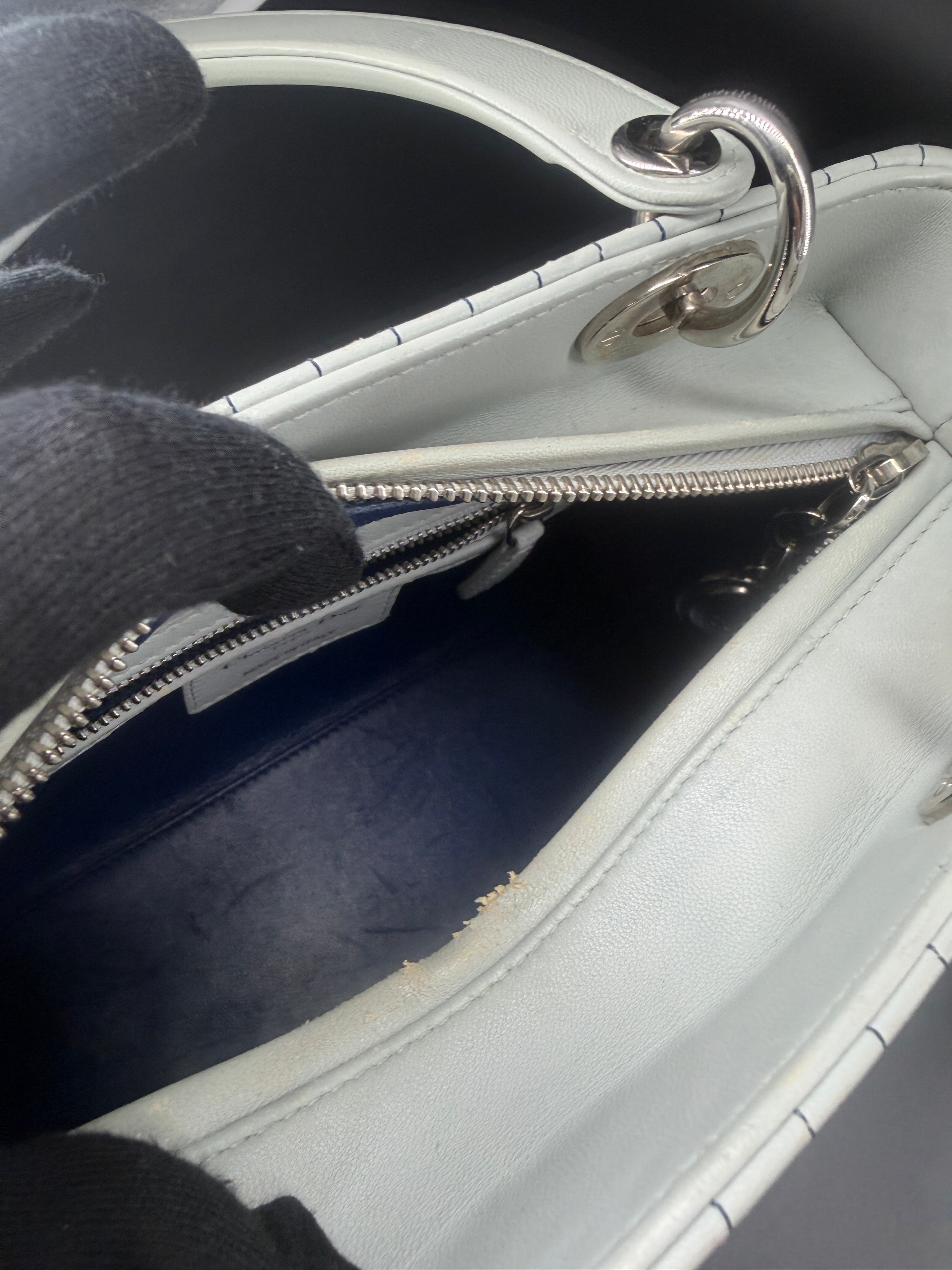 Pre-Owned | 2015 Christian Dior Medium Lady Dior Embroidered Flower Bag. Pale Blue-Gray