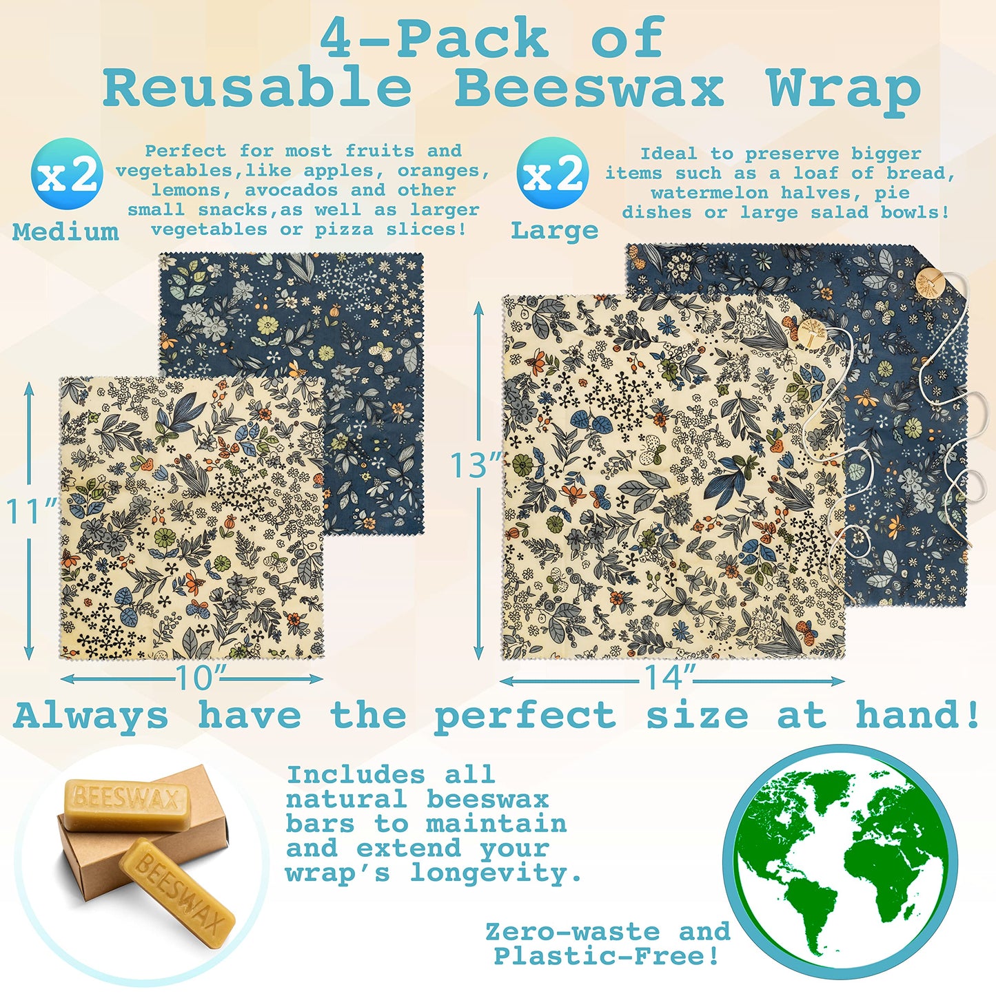 Reusable Beeswax Food Wrap- Beeswax Wraps - 4 Pack with Produce Bag and 2 Beeswax Bars- Bee Wrapping Paper Sheets with Wax- Bees - Eco Friendly Food Storage-Bread and Sandwich Wrap- Sustainable Gifts