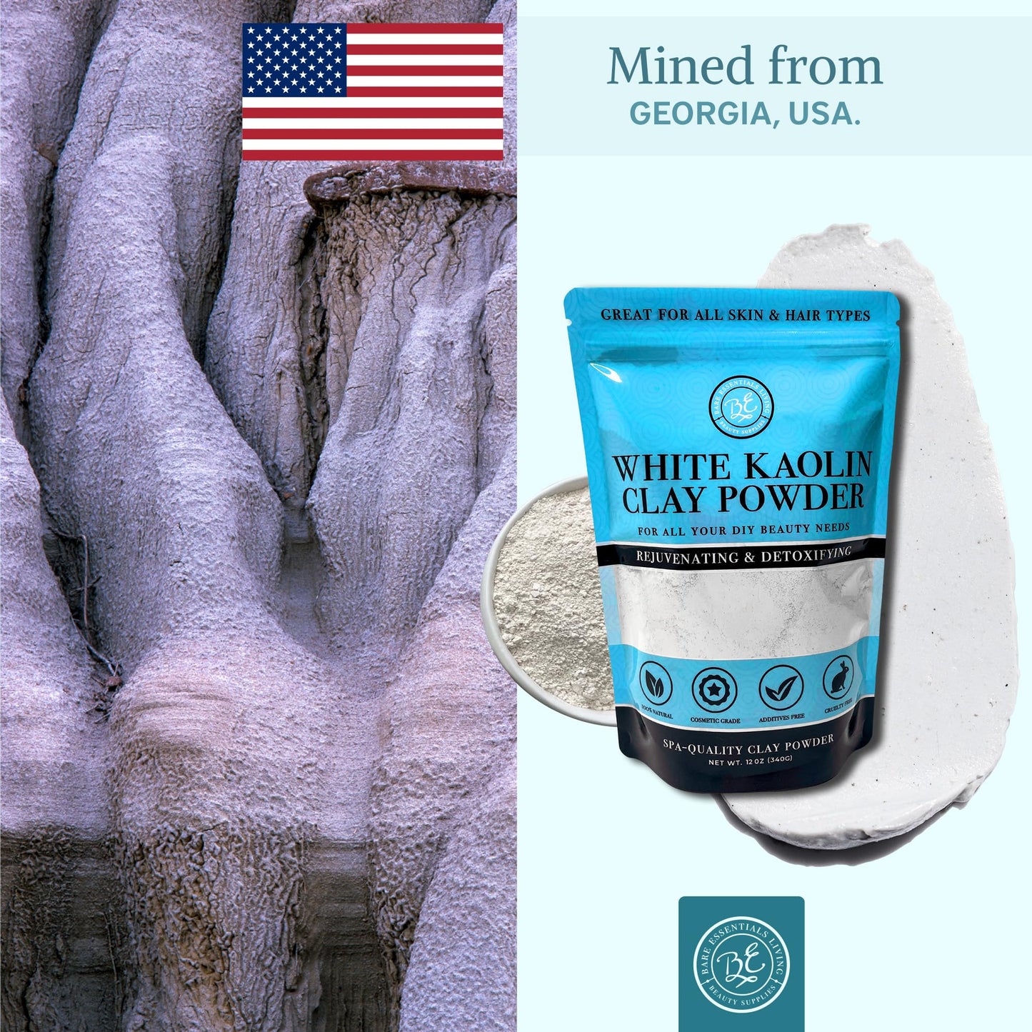 Bare Essentials Living - White Kaolin Clay Powder (12oz) 100% Natural White Powdered Clay for Seed Bombs, White Clay Mask, DIY Spa, Soap, Bath Bomb, Deodorant, Can be Used as Kaolin Clay for Gardening