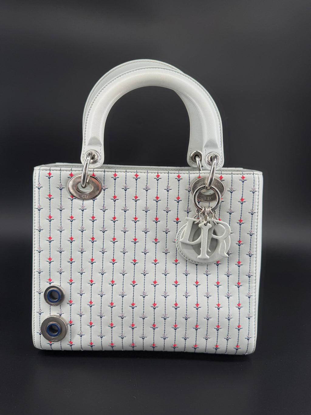 Pre-Owned | 2015 Christian Dior Medium Lady Dior Embroidered Flower Bag. Pale Blue-Gray