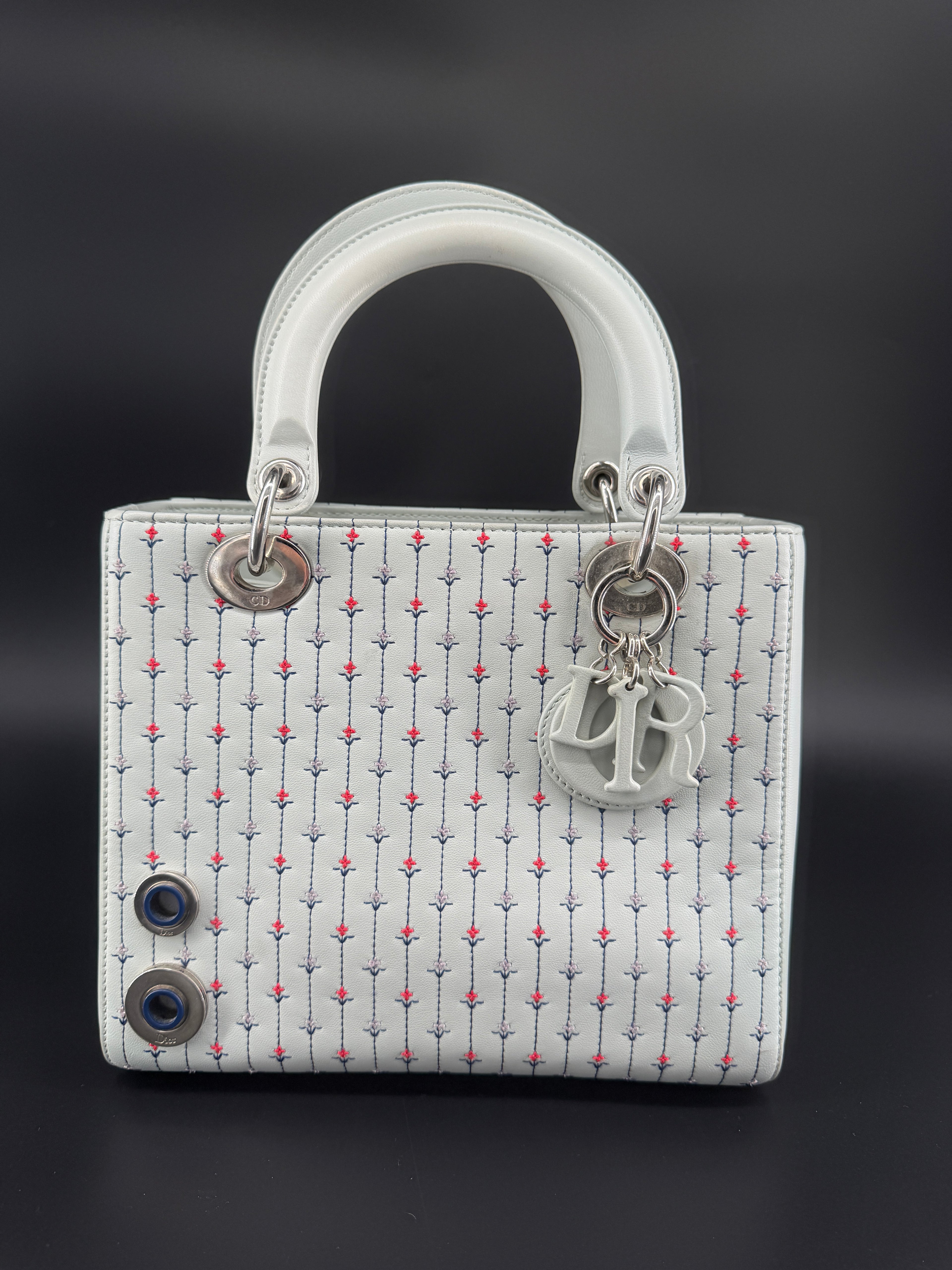 Pre-Owned | 2015 Christian Dior Medium Lady Dior Embroidered Flower Bag. Pale Blue-Gray