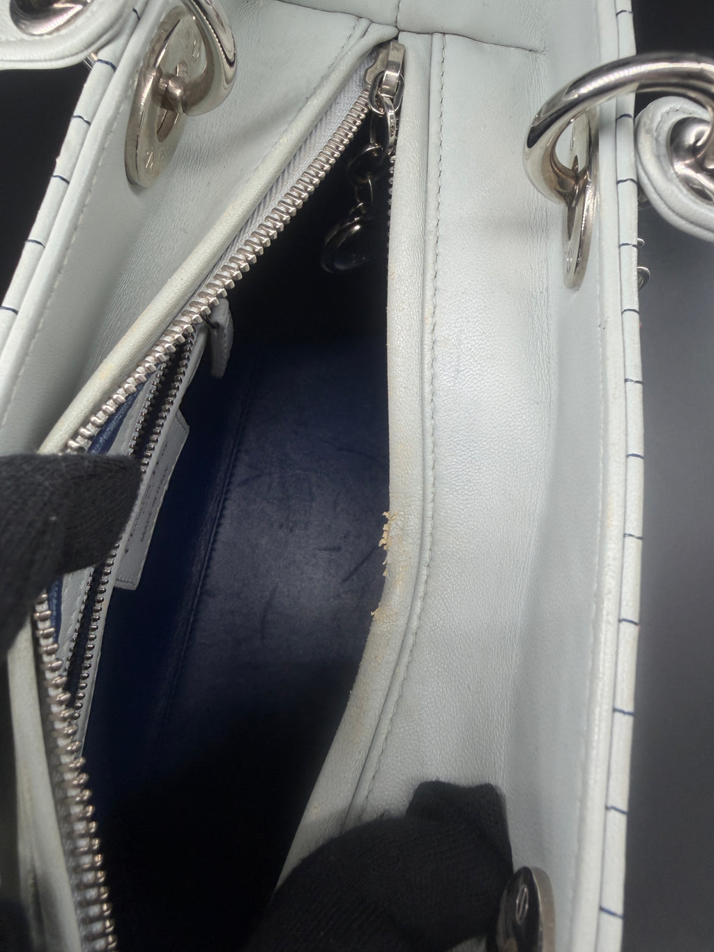 Pre-Owned | 2015 Christian Dior Medium Lady Dior Embroidered Flower Bag. Pale Blue-Gray