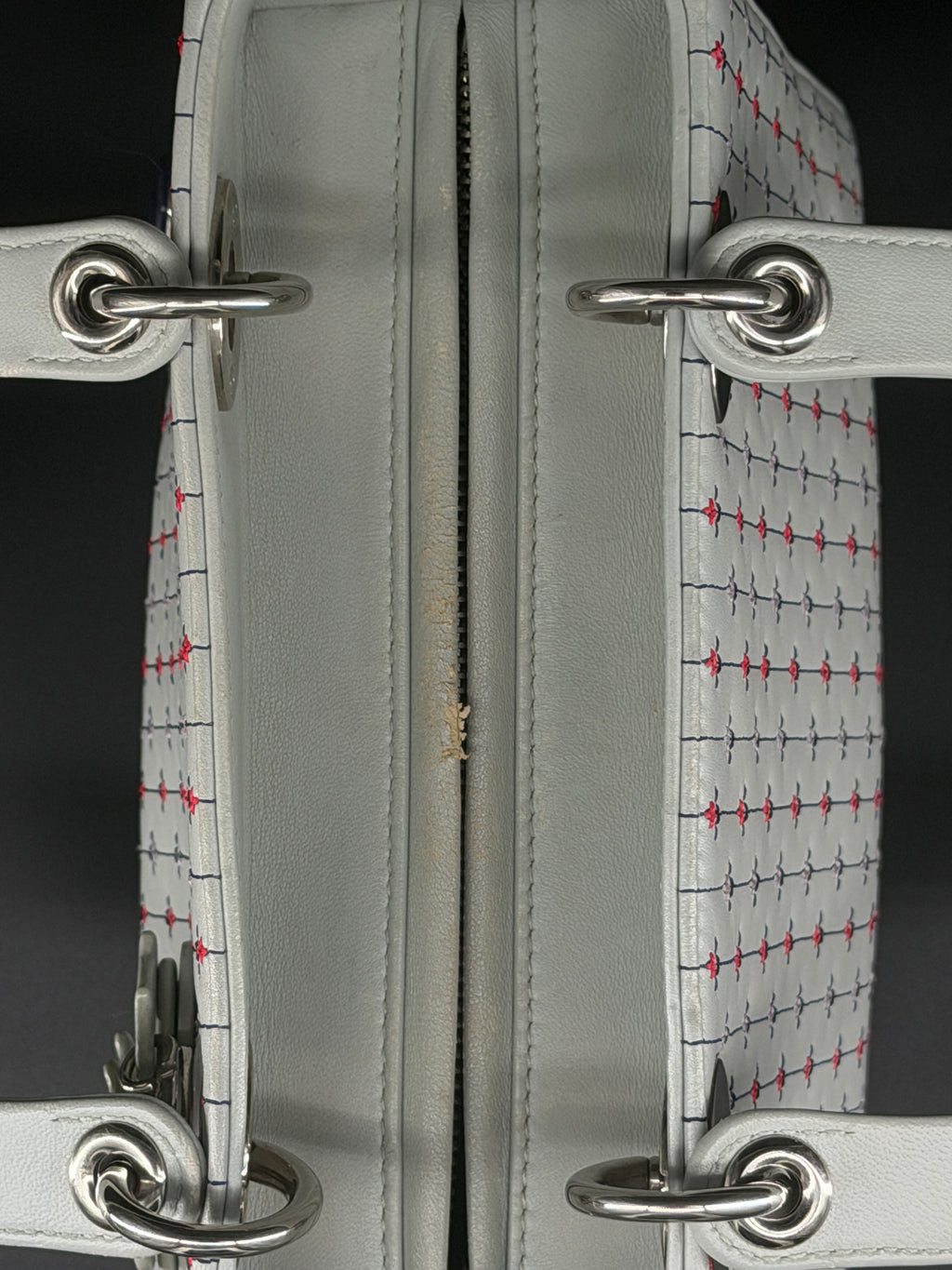 Pre-Owned | 2015 Christian Dior Medium Lady Dior Embroidered Flower Bag. Pale Blue-Gray