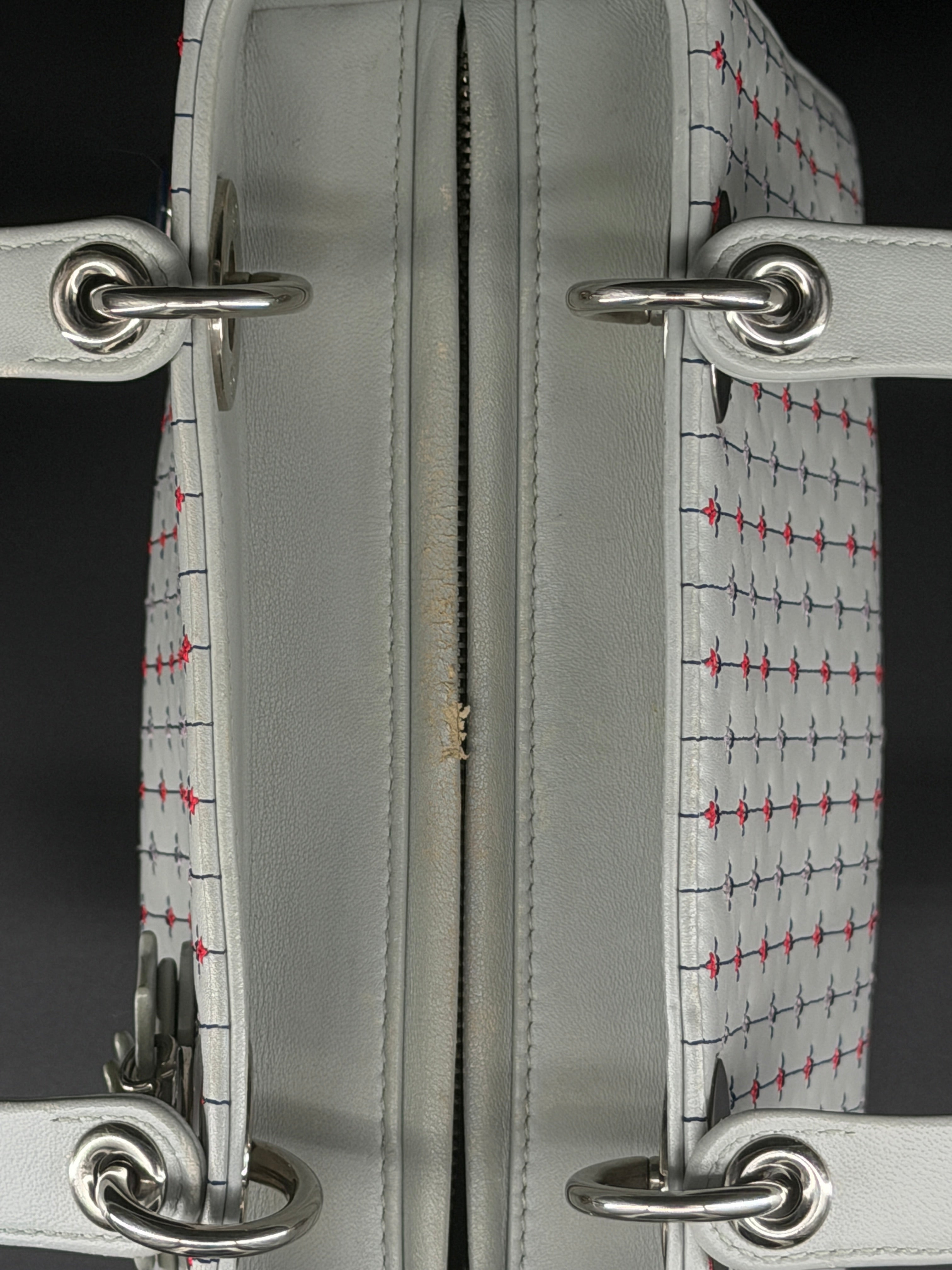 Pre-Owned | 2015 Christian Dior Medium Lady Dior Embroidered Flower Bag. Pale Blue-Gray