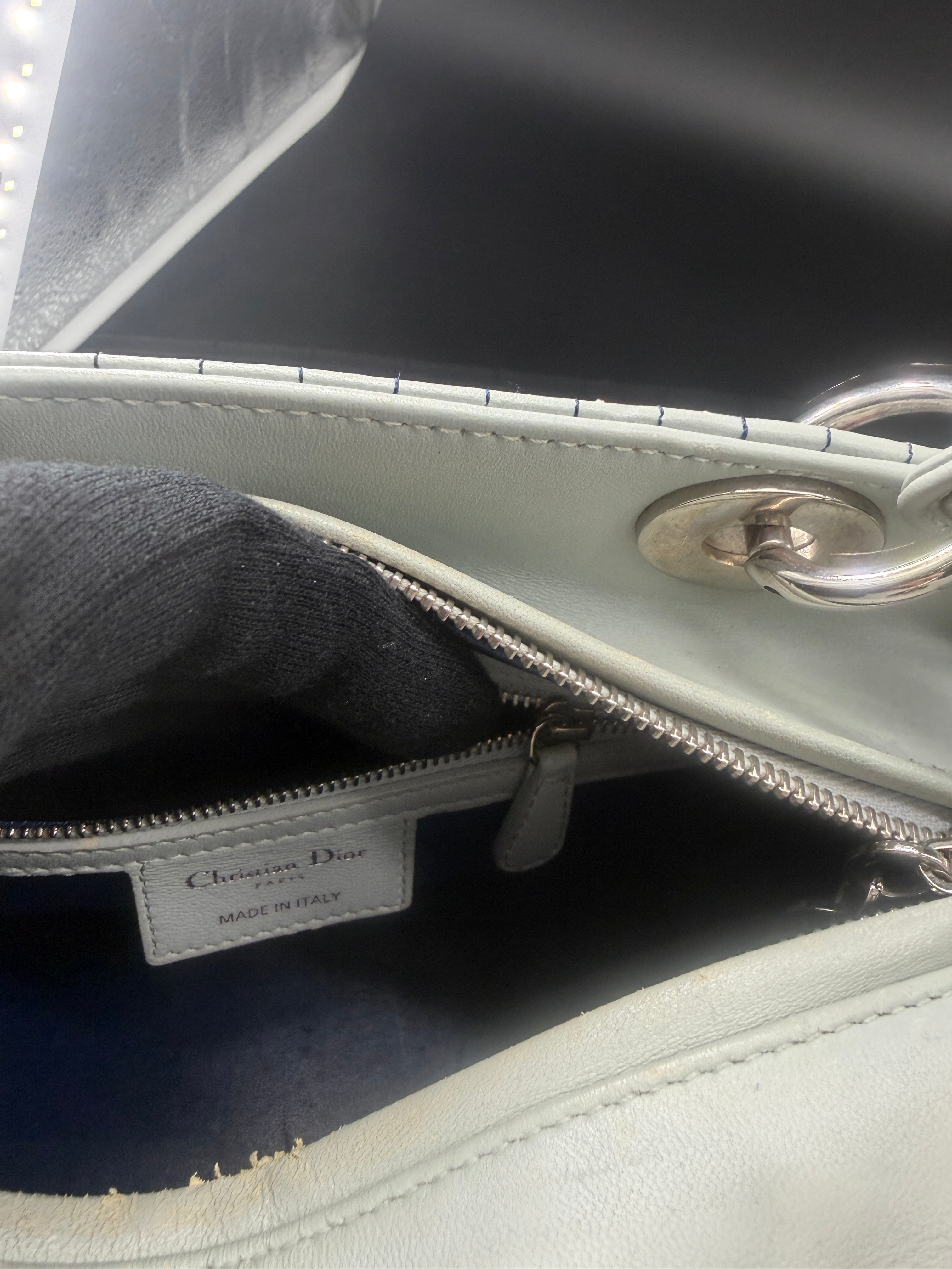 Pre-Owned | 2015 Christian Dior Medium Lady Dior Embroidered Flower Bag. Pale Blue-Gray